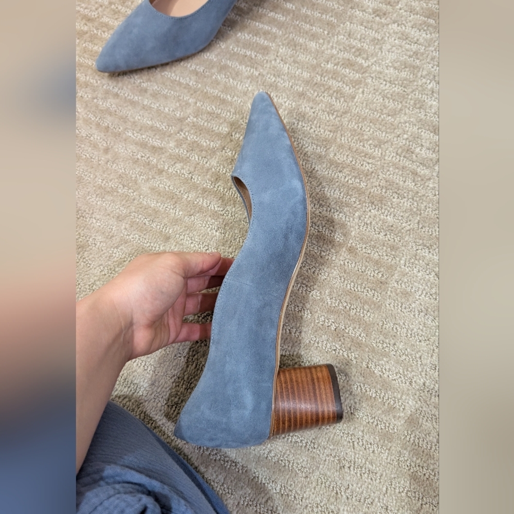 Blue Suede Pointed Toe Block Heel Pumps - Picture 6 of 10
